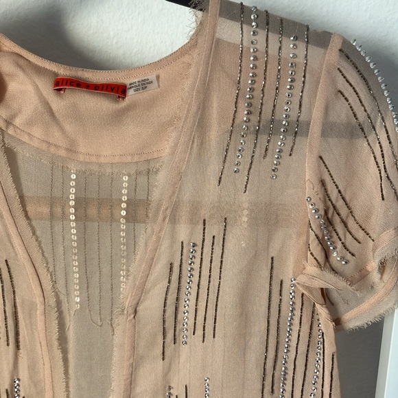 Alice + Olivia nude beaded open front top in sheer fabric s/p - Picture 2 of 5